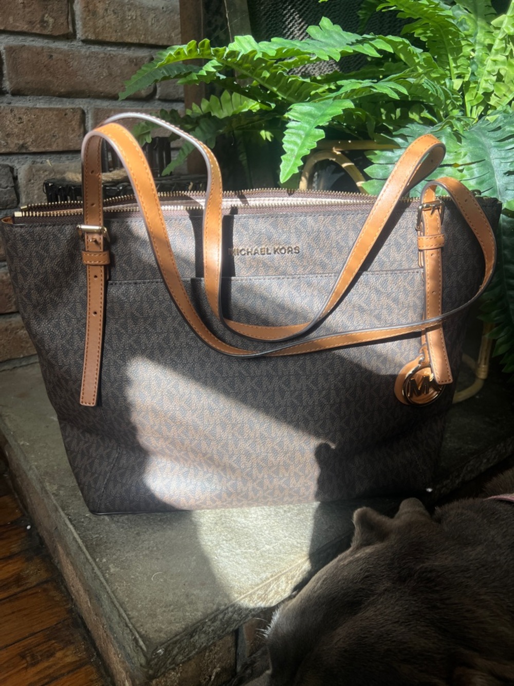 Michael Kors Brown and Tan Logo Tote with Gold Accent